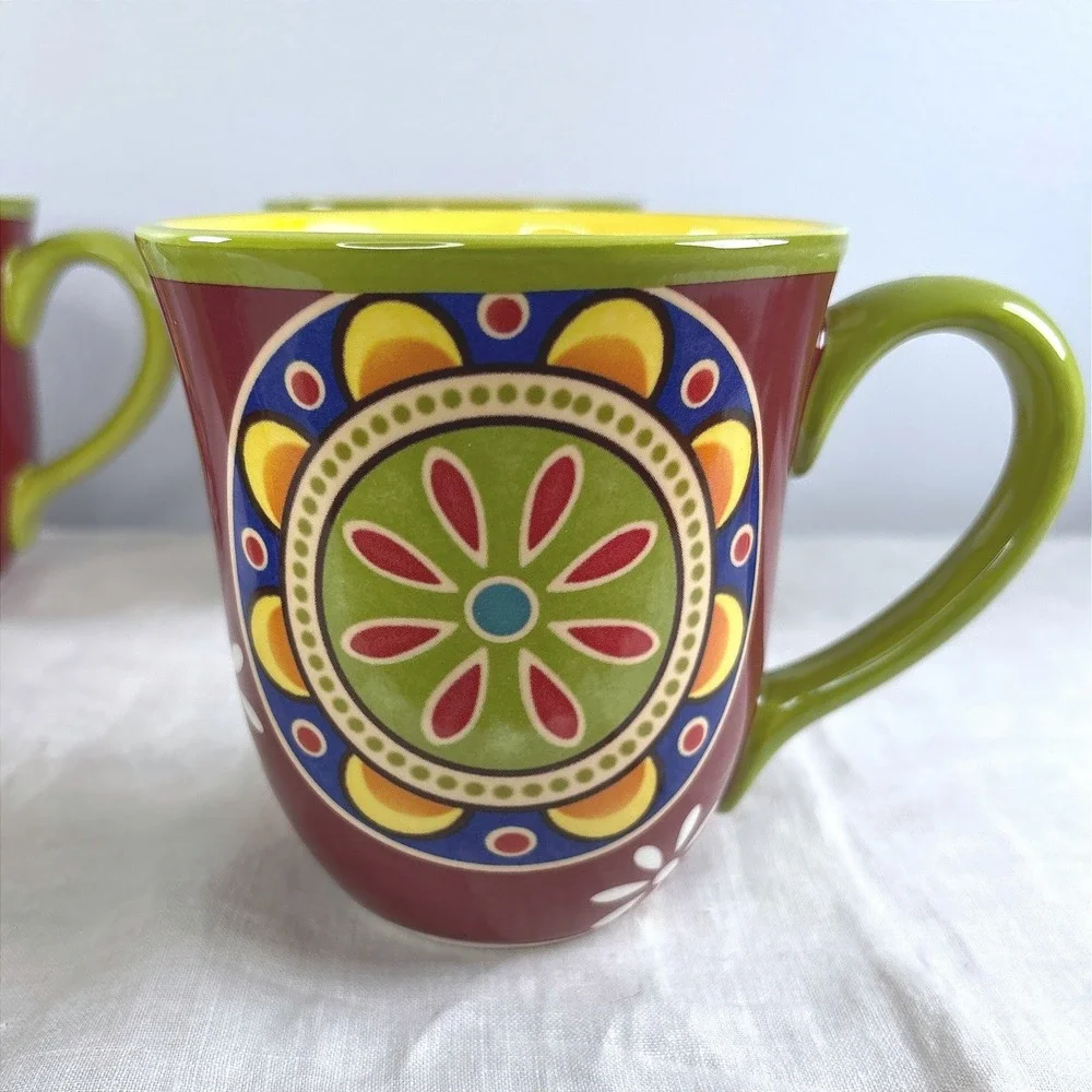 Pier 1 Mexicali Ironstone Mugs Set of 6 Burgundy Floral Boho Coffee Cups